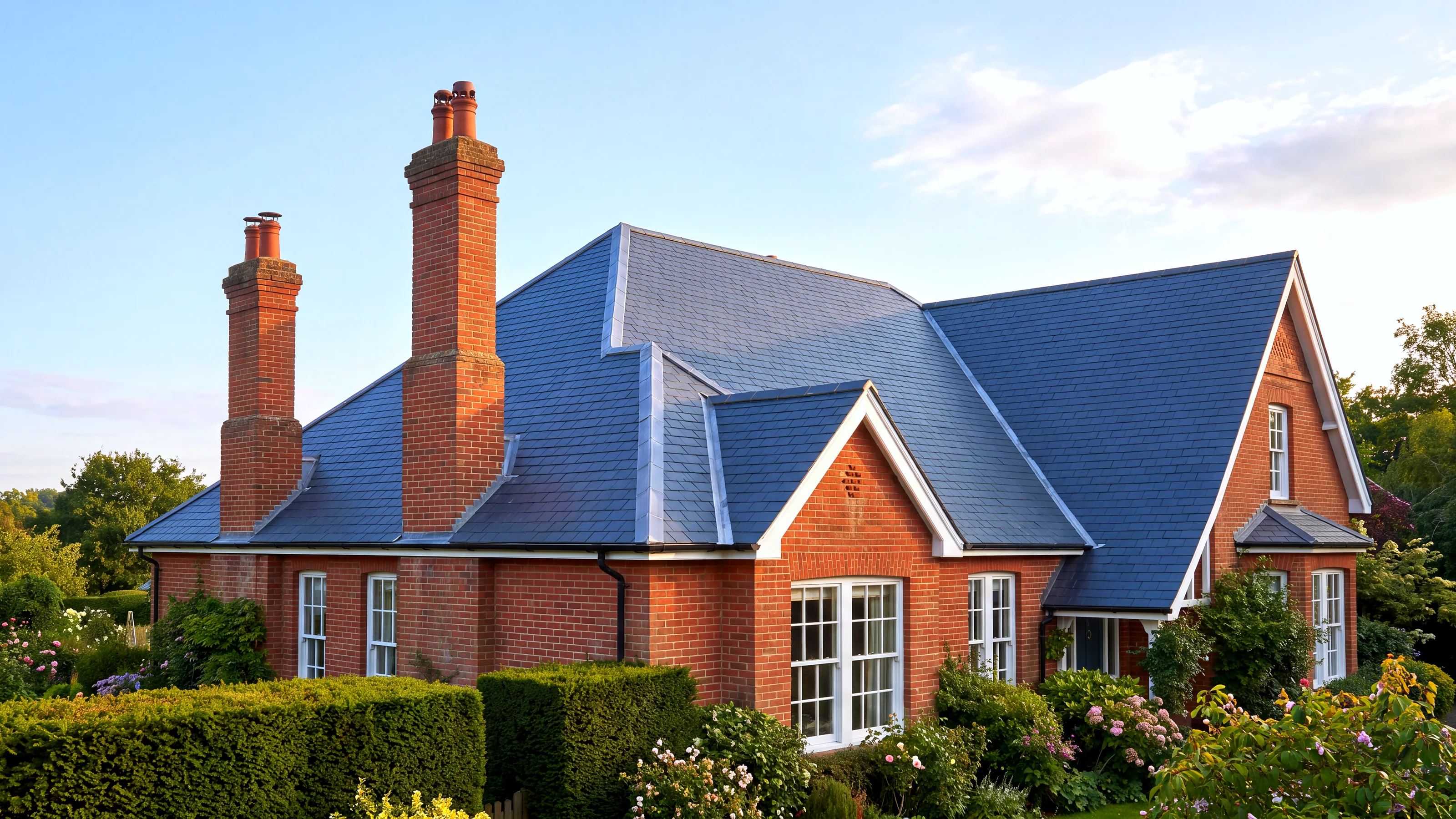 Detached red brick house with a new natural slate roof, lead valleys and tall chimney stacks under a clear sky