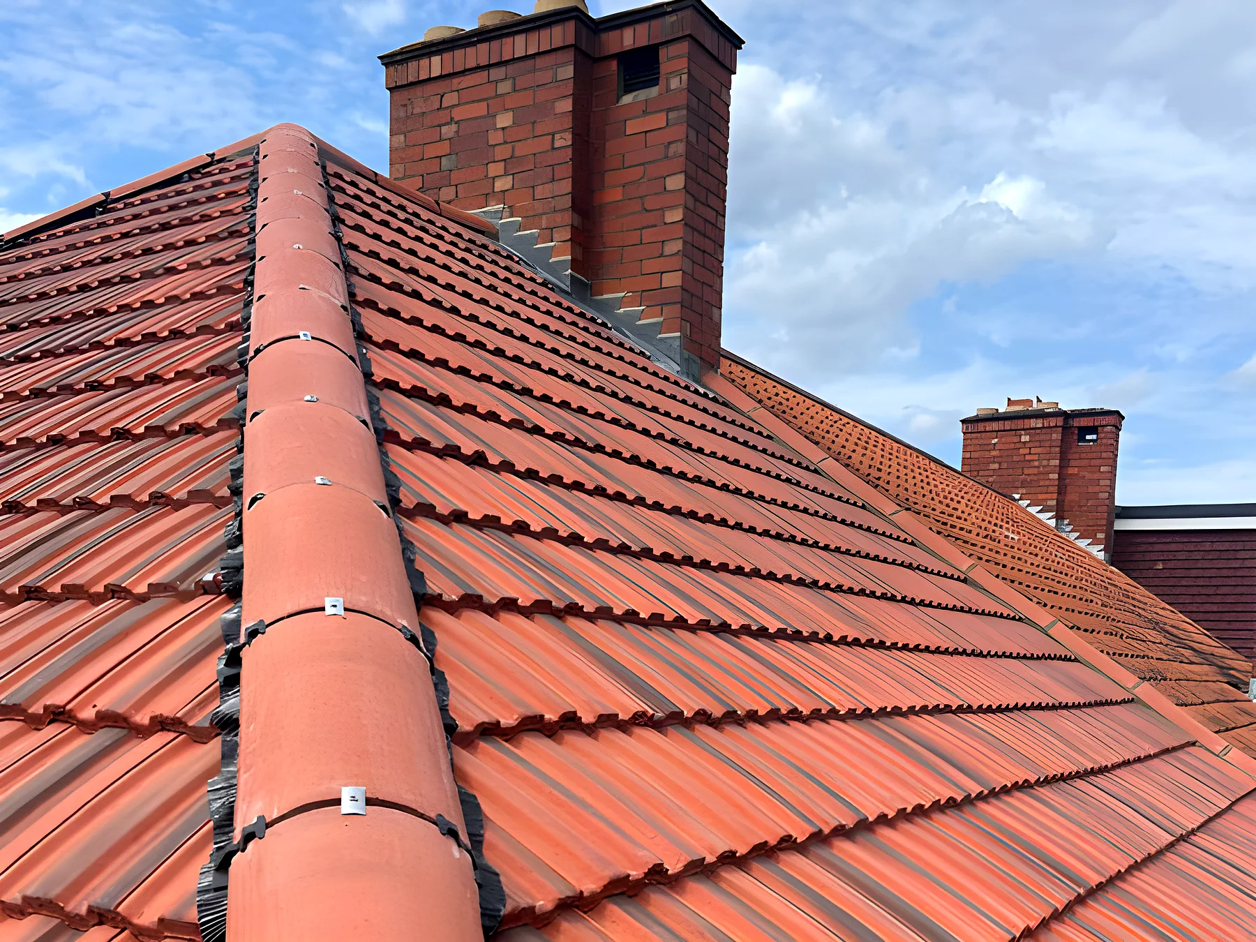 Terracotta clay tiled roof with a bedded ridge running up to the apex